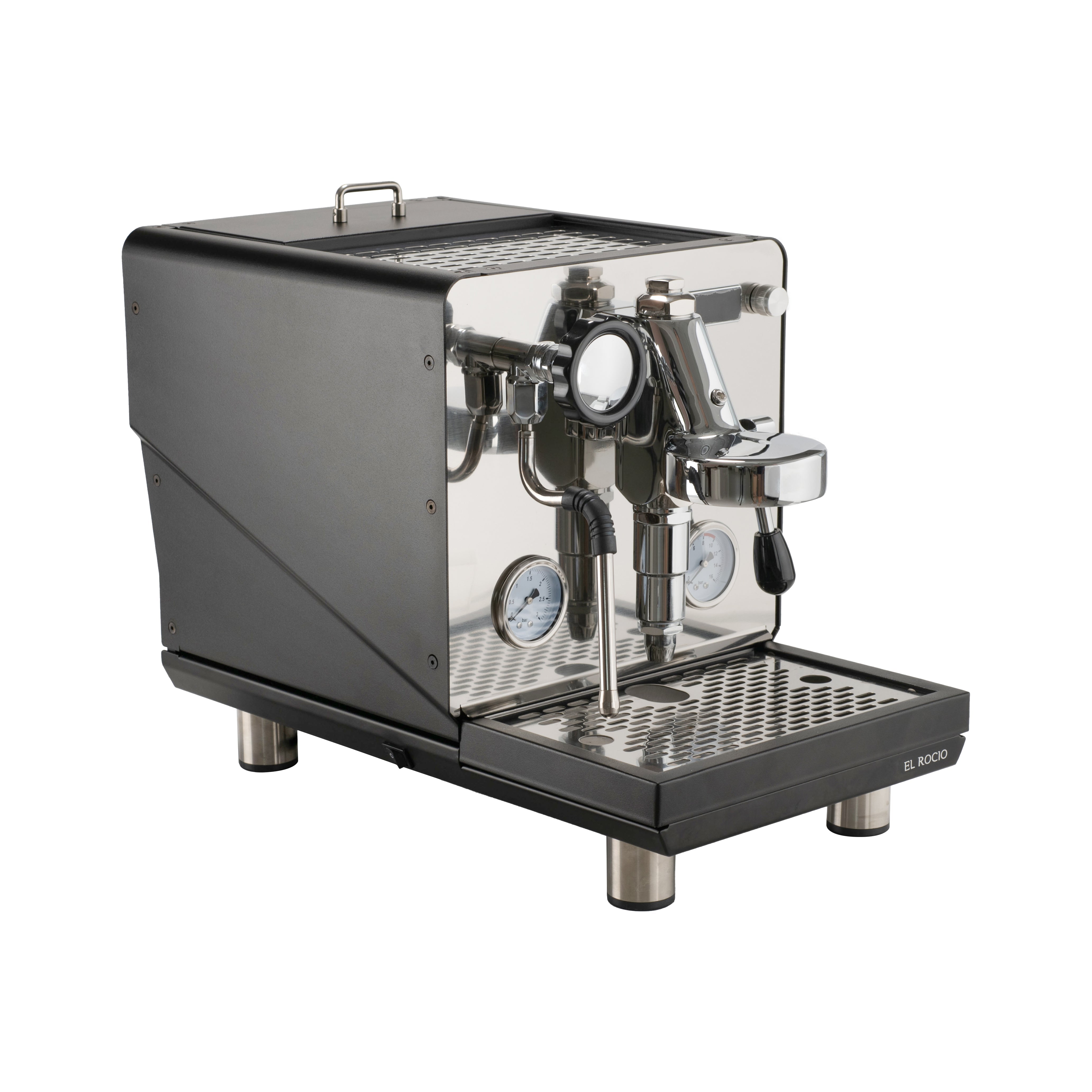 Espresso machine with transparent front on a white background