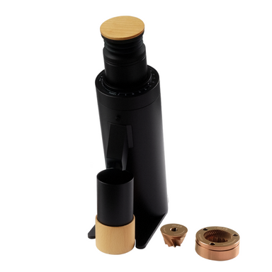 Black and wooden single dose grinder