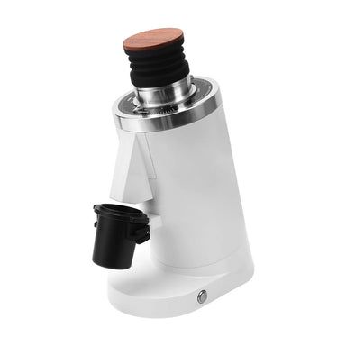 White coffee grinder with wooden top on a white background