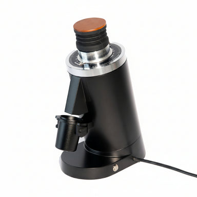 Black coffee grinder with a wooden top on a white background