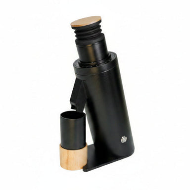Black and wooden espresso grinder on a white background