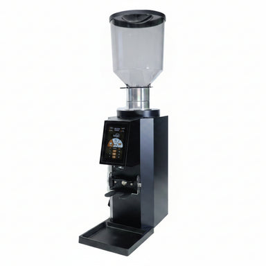 Black coffee grinder with digital display on a white background