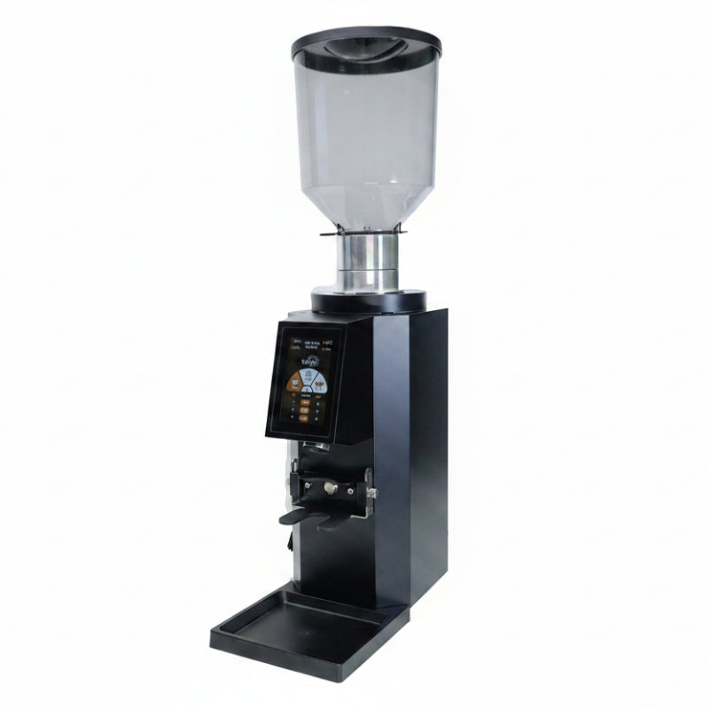 Black coffee grinder with digital display on a white background