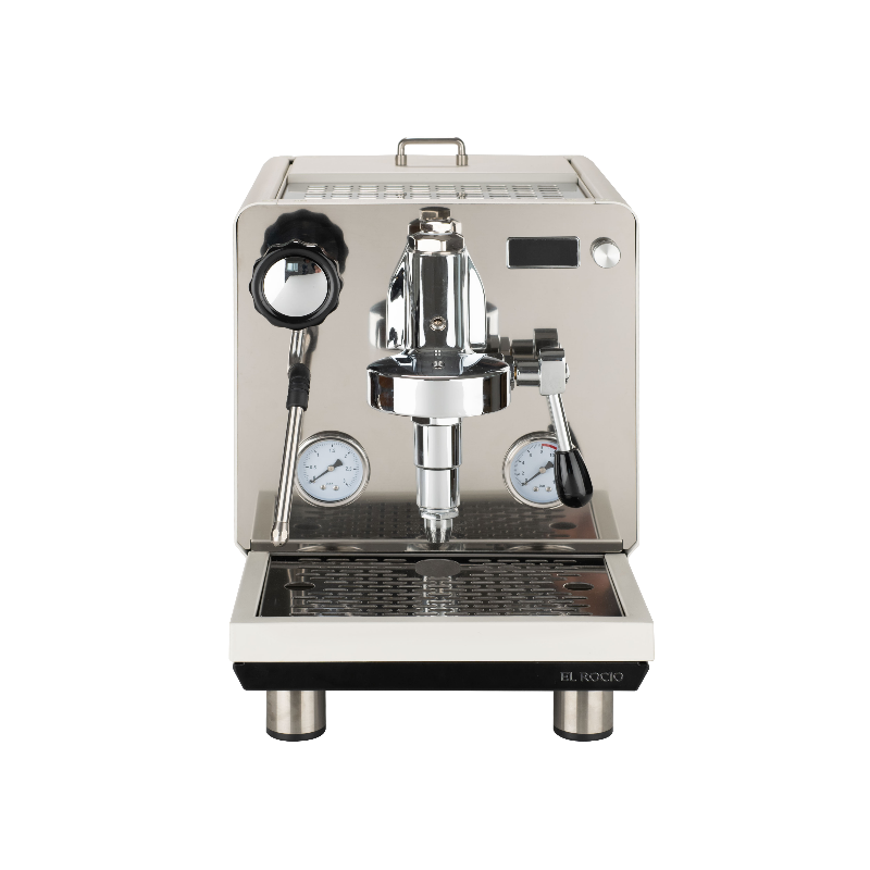 Stainless steel espresso machine on a white background