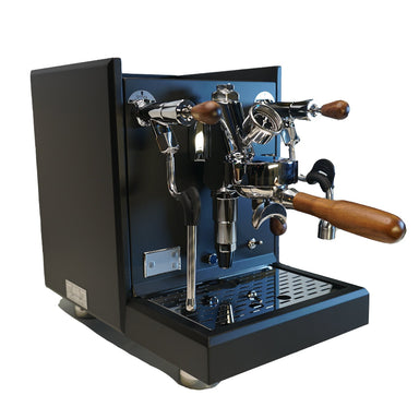 Espresso machine with black and blue design on a white background