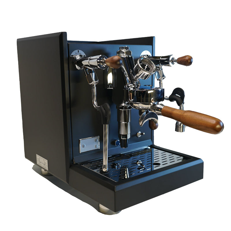 Espresso machine with black and blue design on a white background