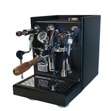 Espresso machine with wooden handles on a white background