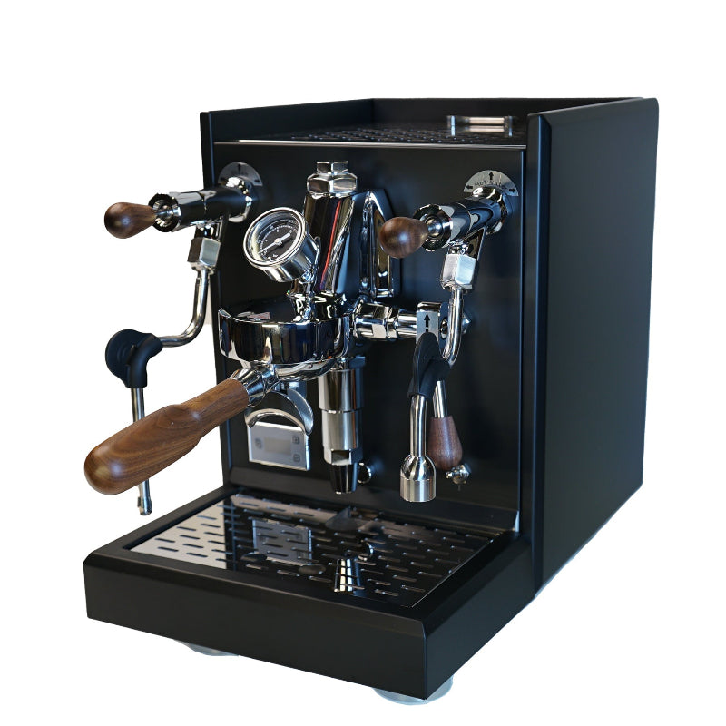 Espresso machine in black with wooden handles on a white background