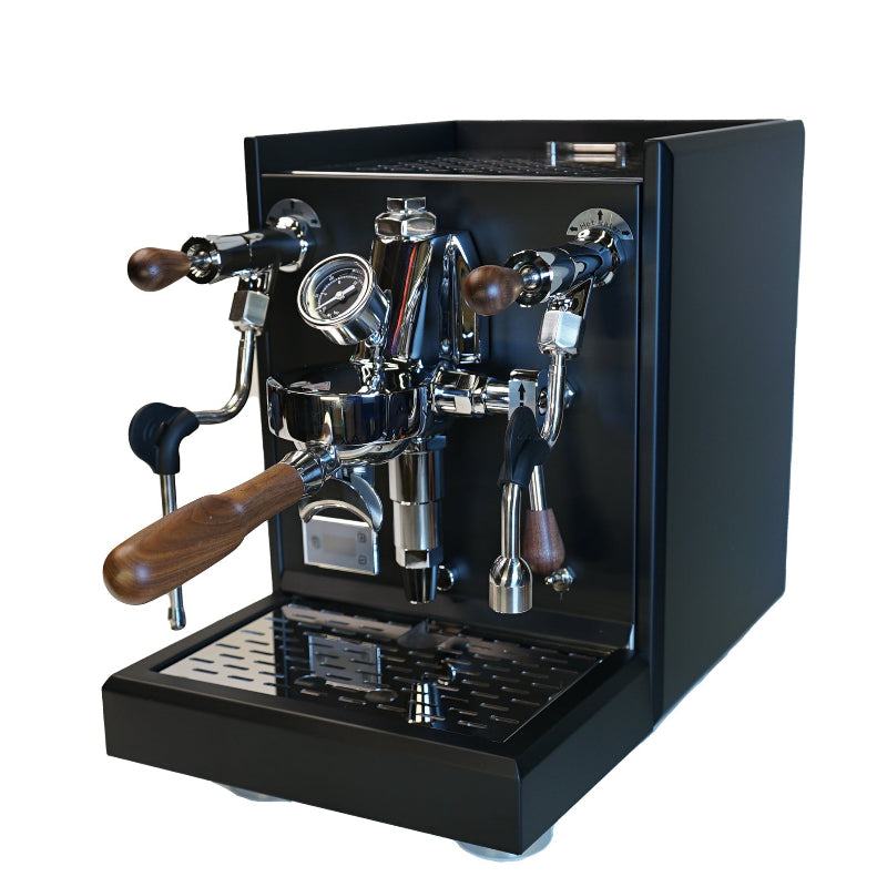 Espresso machine with wooden handles on a white background