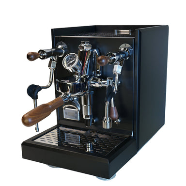 Espresso machine with wooden handles on a white background