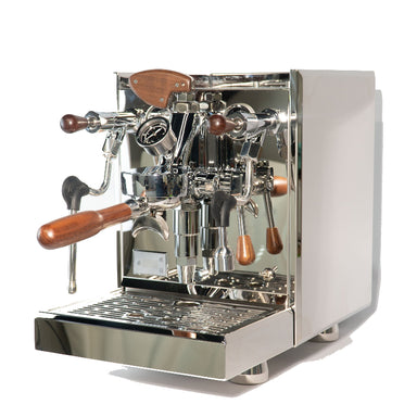 Stainless steel espresso machine with wooden handles on a