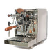 Stainless steel espresso machine with wooden handles on a
