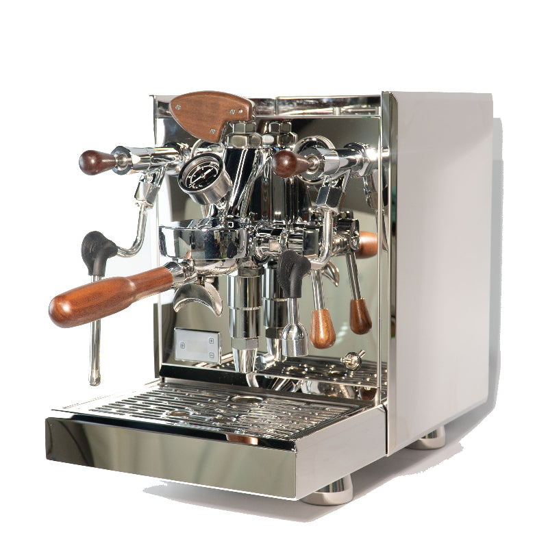 Stainless steel espresso machine with wooden handles on a