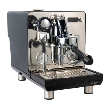 Espresso machine with metallic finish on a white background