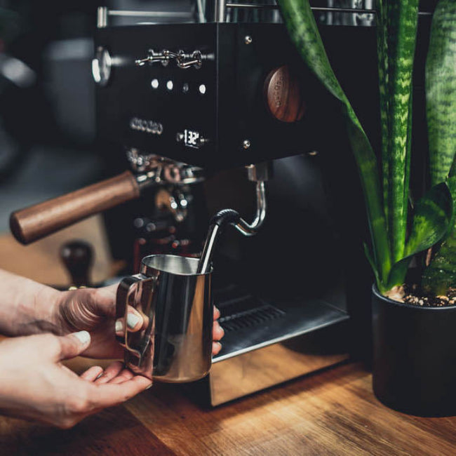 Person holding a metal cup near an espresso machine on a wooden surface with a plant in the background.
