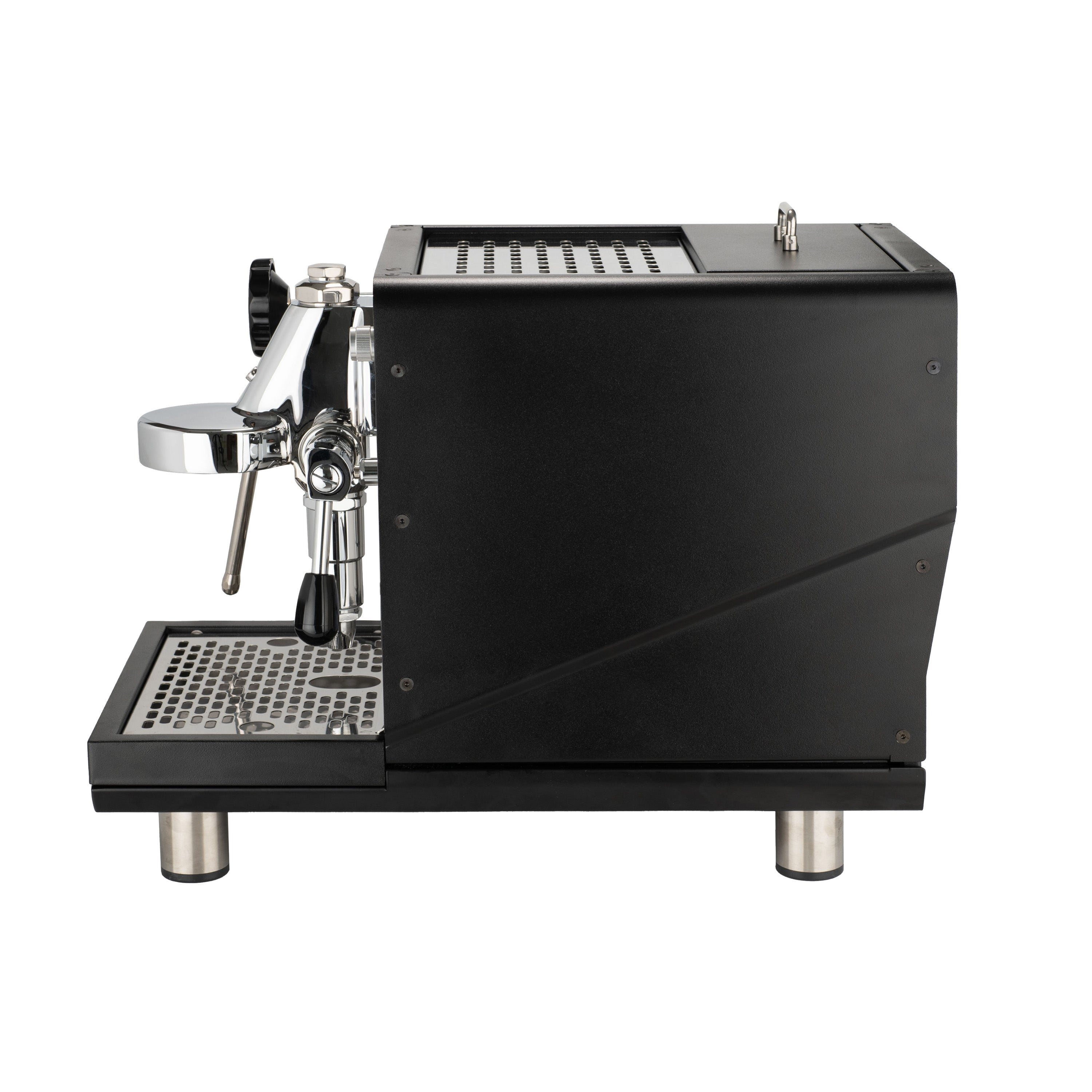 Black espresso machine with chrome accents on a white background