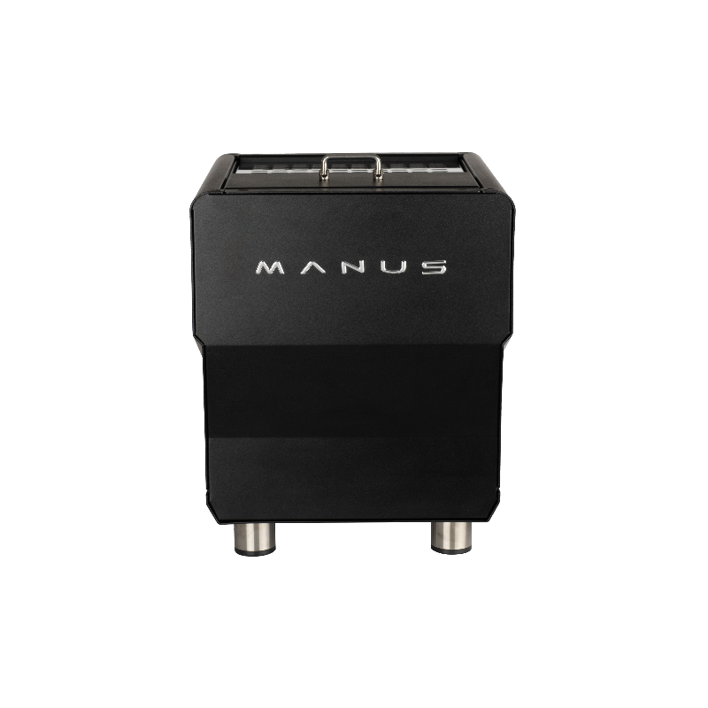 Black Espresso Machine with 'MANUS' branding on a white background