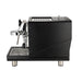Black espresso machine with chrome accents on a white background