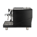Black espresso machine with chrome accents on a white background