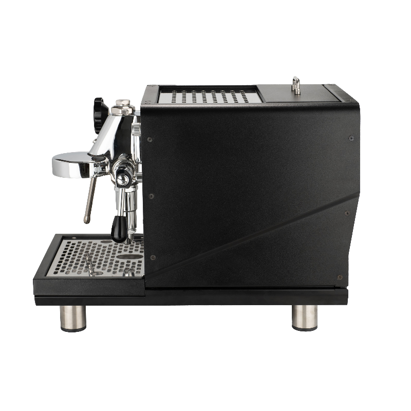 Black espresso machine with chrome accents on a white background