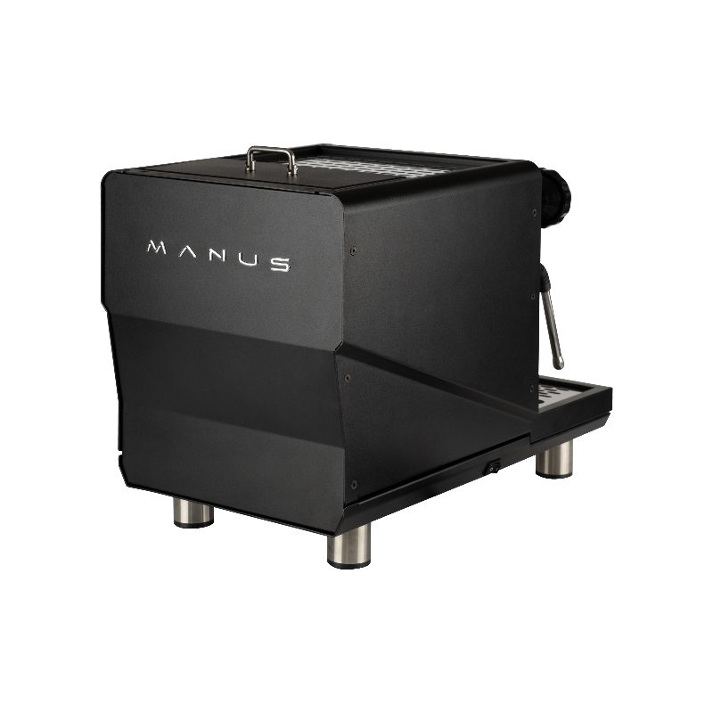 Black coffee machine with 'MANUS' branding on a white background