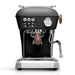 Black espresso machine with silver accents on a white background