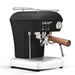 Black and white espresso machine with wooden handle on a white background