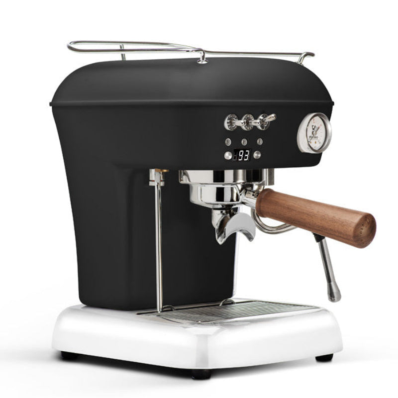 Black and white espresso machine with wooden handle on a white background