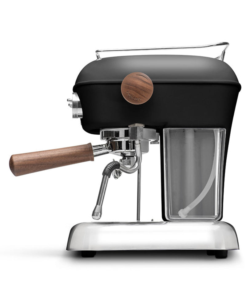 Black espresso machine with wooden handle and accents on a white background