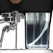 Espresso machine with a clear container attached, likely for water or milk, on a dark background.