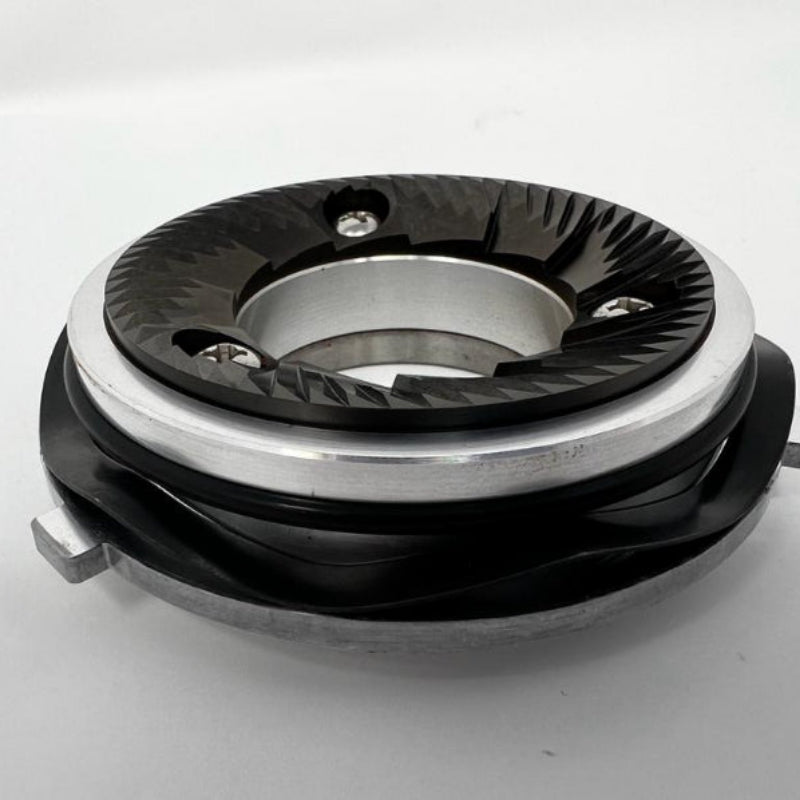 Black and silver mechanical component on a white background