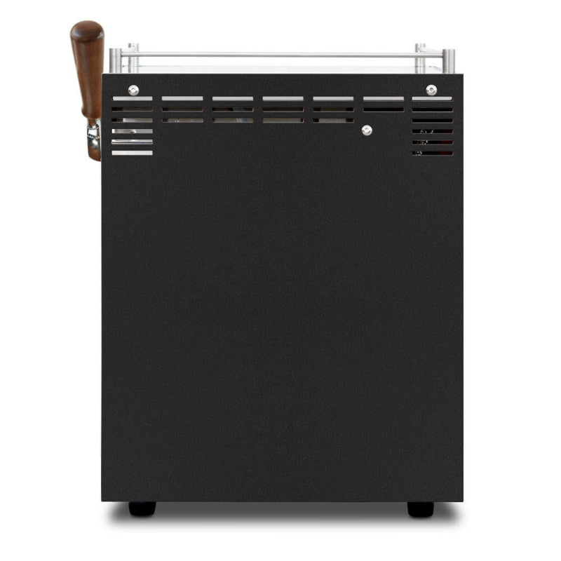 Black refrigerator with a wooden handle on a white background