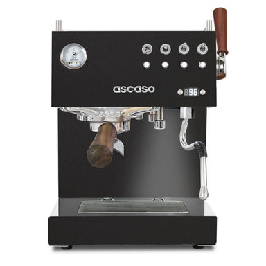 Black Ascaso espresso machine with wooden handles on a white background