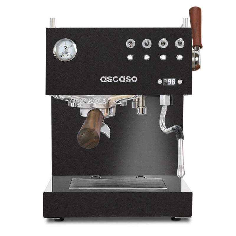 Black Ascaso espresso machine with wooden handles on a white background