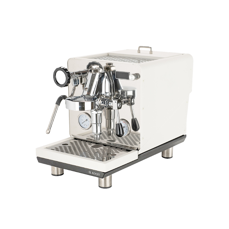 Espresso machine with white body and silver accents on a white background