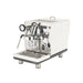 Espresso machine with white body and silver accents on a white background