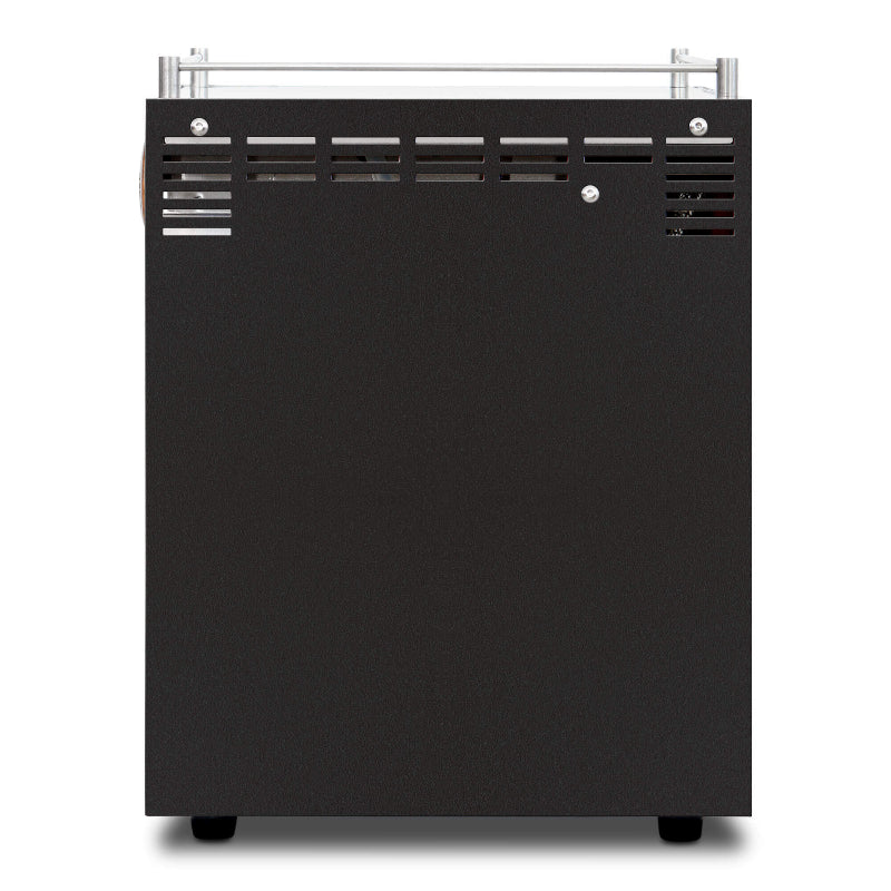 Black outdoor grill with silver accents on a white background