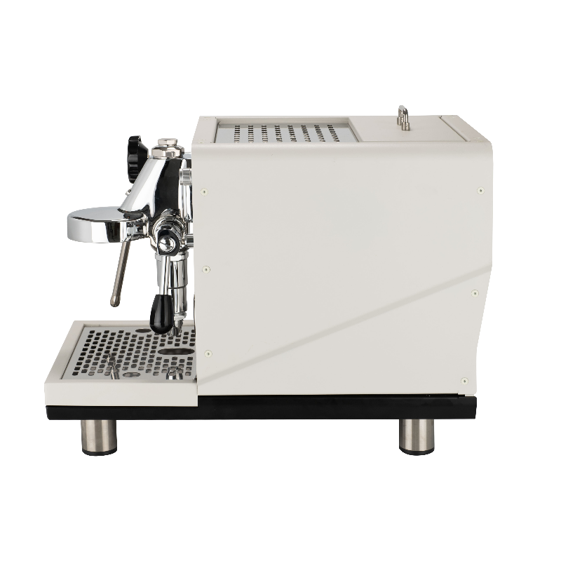 White espresso machine with chrome accents on a white background