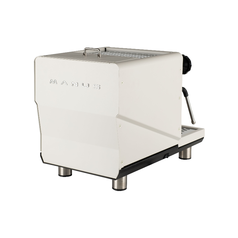 White coffee machine with 'MANUS' branding on a white background