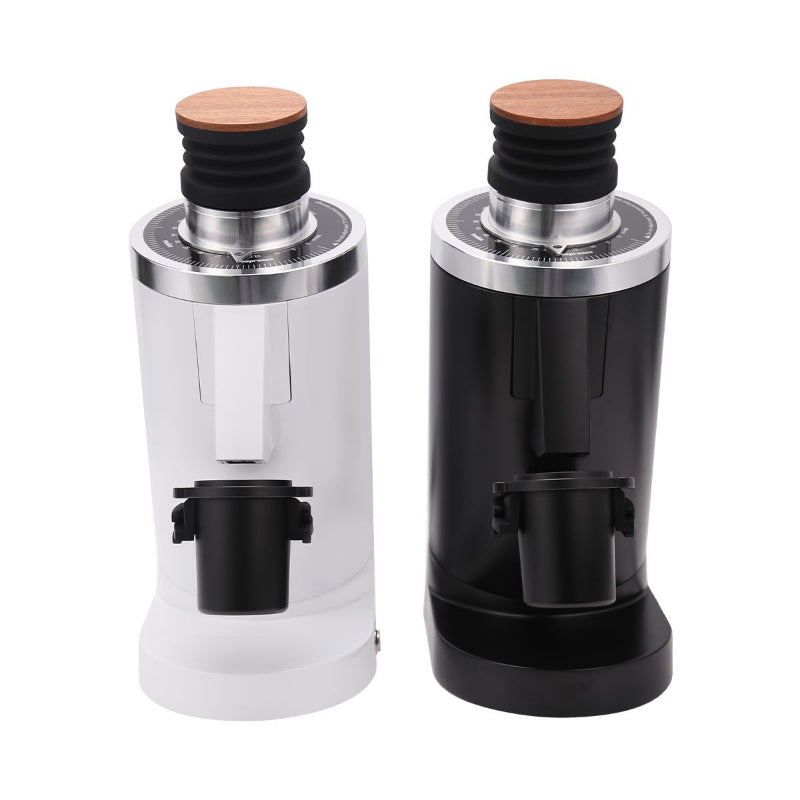 Two coffee grinders with wooden tops on a white background
