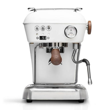 White espresso machine with wooden handle on a white background