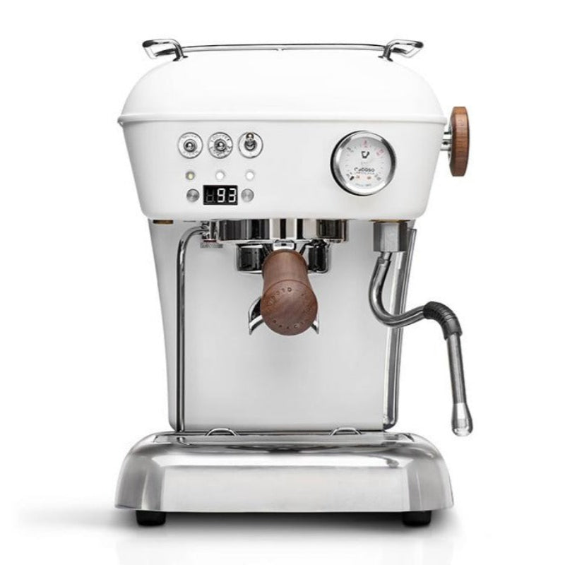 White espresso machine with wooden handle on a white background