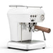 White espresso machine with wooden handle on a white background