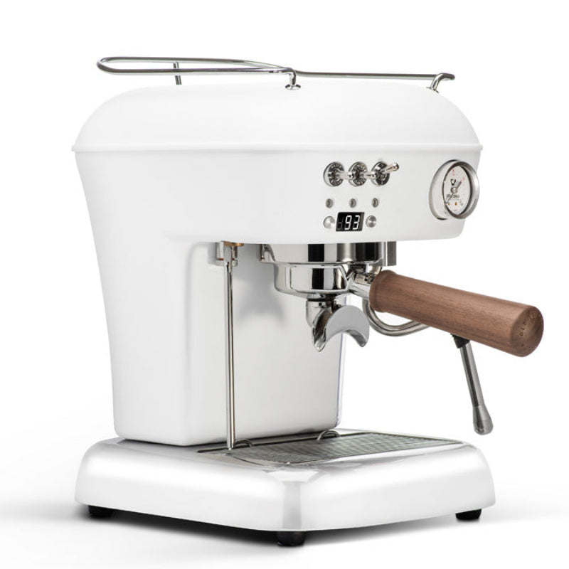 White espresso machine with wooden handle on a white background